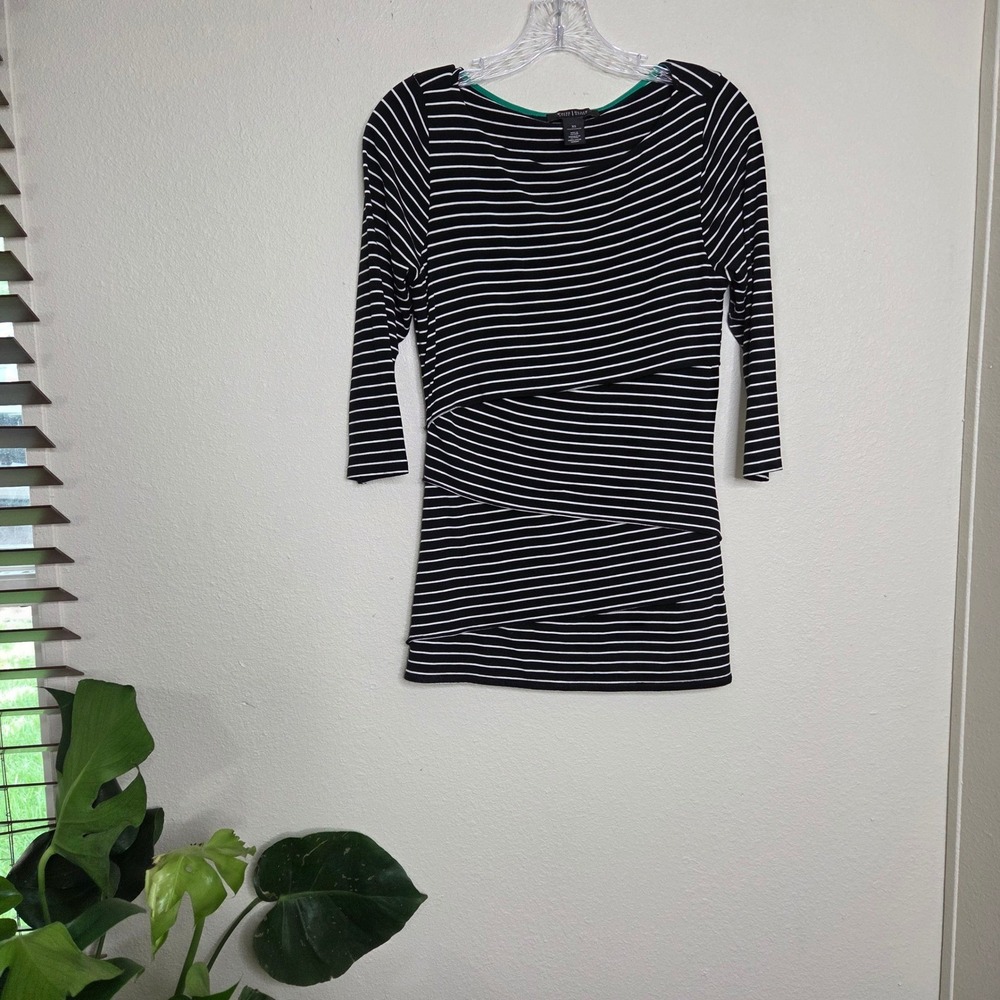 3 / $30 White House Black Market Striped Top 3/4‎ Sleeve Ruched Bodycon XS